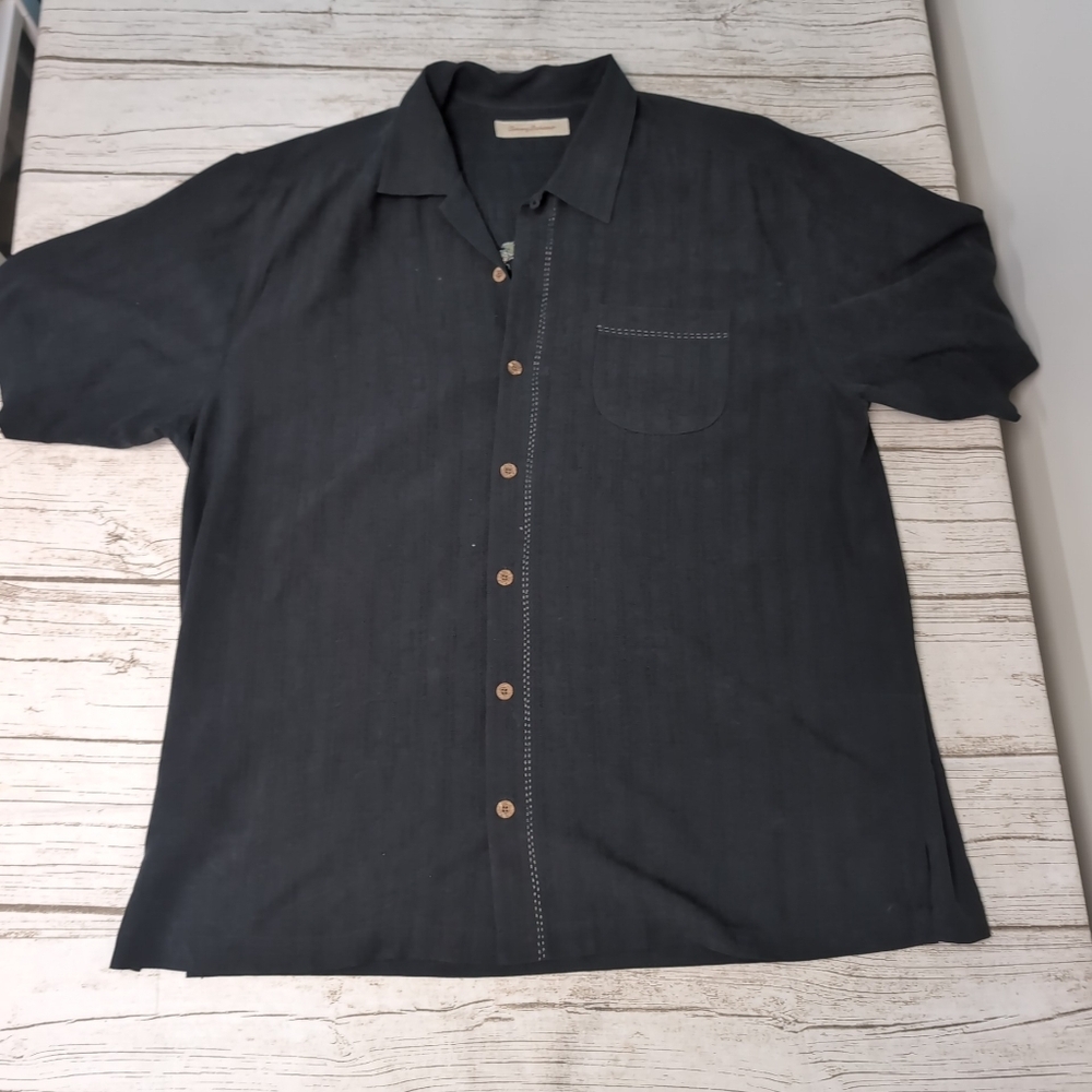 Tommy Bahama Black Silk Button Down Shirt With Cigar Island Chip Shop Size XL